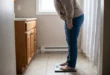 Persona de pie sobre una balanza digital en un baño evaluando su peso corporal