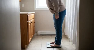 Persona de pie sobre una balanza digital en un baño evaluando su peso corporal