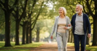 Adultos mayores caminando y disfrutando de bienestar físico gracias al control de factores de salud