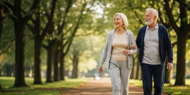 Adultos mayores caminando y disfrutando de bienestar físico gracias al control de factores de salud