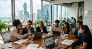 Jóvenes profesionales panameños colaborando en una oficina bajo el marco de la Ley de Pasantías