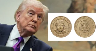 Lanzamiento de la moneda de un dólar con el rostro de Donald Trump