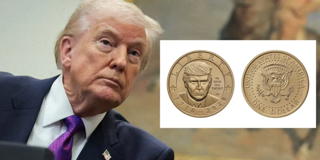 Lanzamiento de la moneda de un dólar con el rostro de Donald Trump