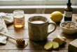 Taza de té con miel y jengibre sobre mesa de madera con remedios para el resfriado