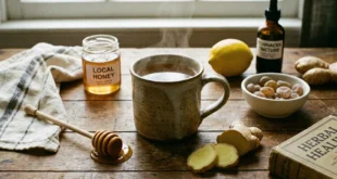 Taza de té con miel y jengibre sobre mesa de madera con remedios para el resfriado