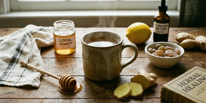 Taza de té con miel y jengibre sobre mesa de madera con remedios para el resfriado