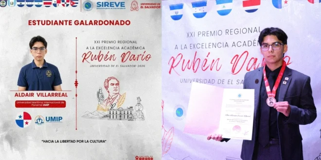 Estudiante de la UMIP recibiendo el Premio Regional a la Excelencia Académica Rubén Darío
