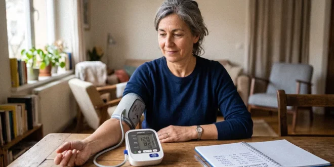 Mujer midiendo su presión arterial con un tensiómetro digital en casa