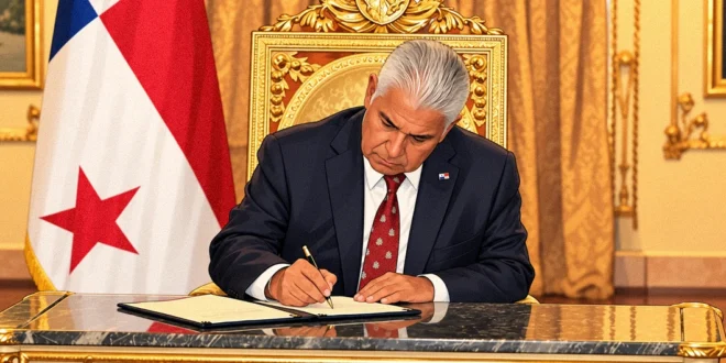 El presidente José Raúl Mulino durante la firma de documentos oficiales en Panamá.