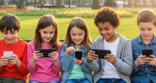 Niños sentados en un parque usando teléfonos móviles en lugar de jugar
