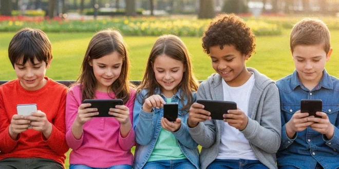 Niños sentados en un parque usando teléfonos móviles en lugar de jugar