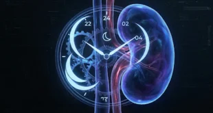 Representación digital de un riñón y un reloj circadiano para ilustrar la hipertensión nocturna