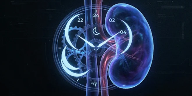 Representación digital de un riñón y un reloj circadiano para ilustrar la hipertensión nocturna