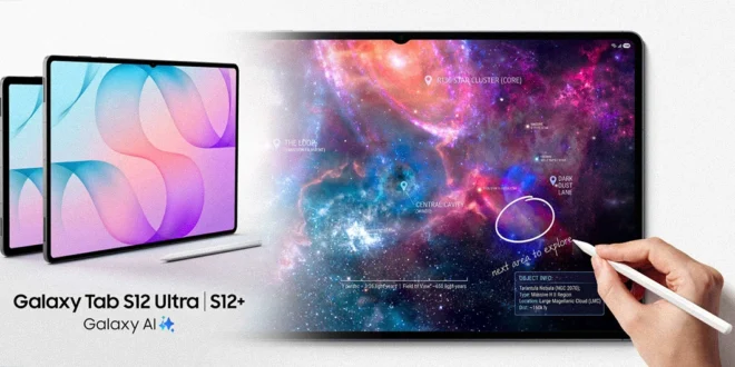 Samsung Galaxy Tab S12 Ultra mostrando su pantalla Dynamic AMOLED 2X y diseño delgado